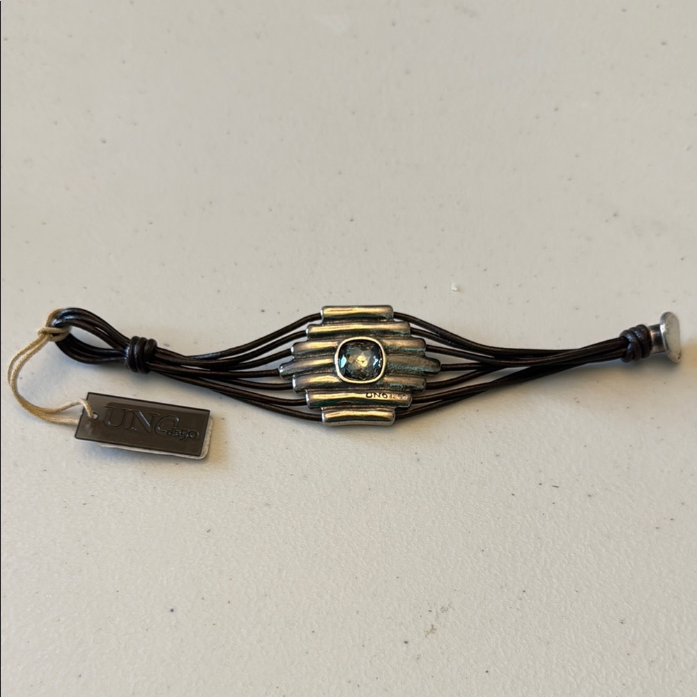 NEW UNO de 50 Silver-plated/Leather/Gray Crystal Bracelet "Attached" PUL2178
